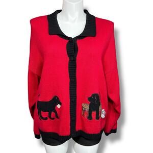 Vintage Timber Lea Womens Sweater Cardigan Collared Button Down Dog Theme Red 2X